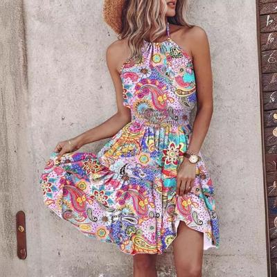 Women Off Shoulder Halter Neck Summer Sexy Printed Midi Skirt Dress for Girls