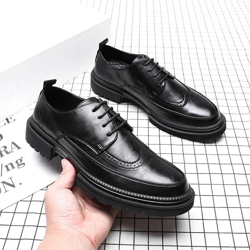 Large Size Brock Leather Shoes 45 Business Dress Youth Trend Thick Sole Heightening Shoes Black Round Head Px25-G