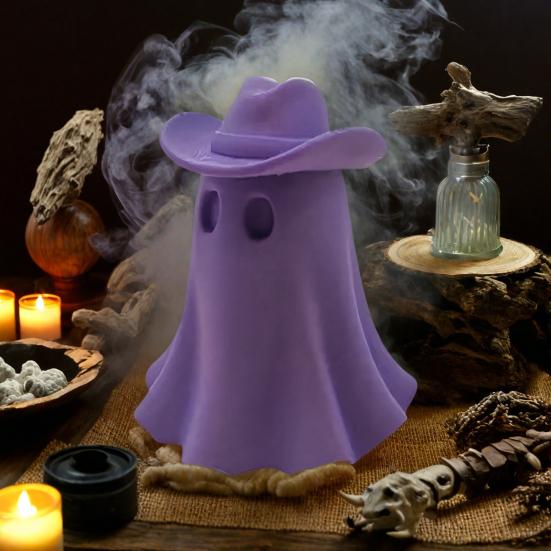 Halloween Cowboy Ghost Figurine Cute Ghost Statue Wearing Cowboy Hat Resin Tabletop Ornament for Home Living Room Bedroom Decor