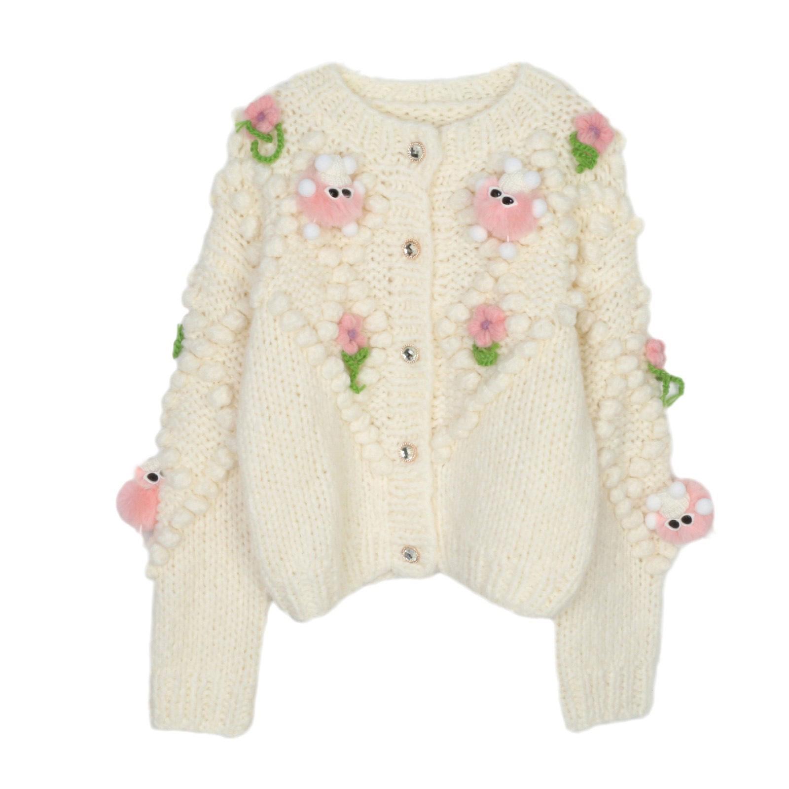 

2024 Осень/Зима Женский Цветочный Мультяшный Пуловер Кардиган С Длинным Рукавом Круглый Вырез Свободной Вязки Small