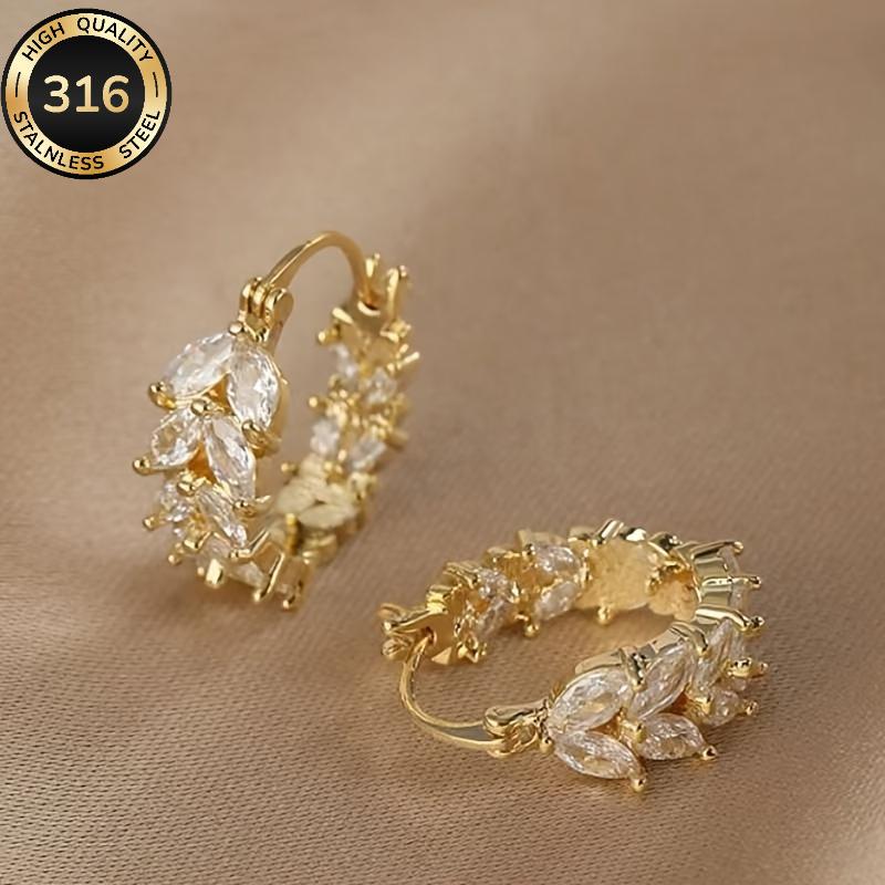 1 Pair 316 Stainless Steel Hoop Earrings, Wheat Ear with Synthetic CZ Stones золотой