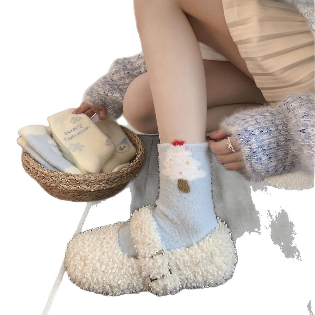 Blue Snowman Australian Velvet Socks Christmas Tree Girl Thickened Warm Confinement Socks Korean Winter Cute Mid-Leg Socks