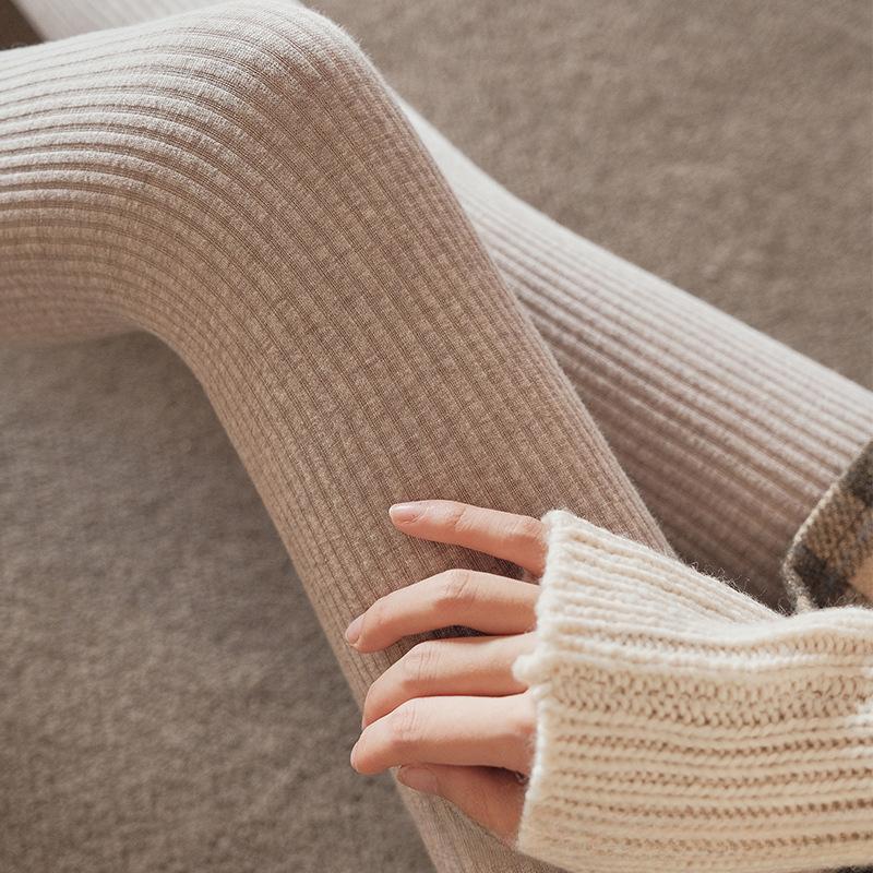 Schlanke Leggings Herbst Frauen Hohe Taille Casual Hosen Gestrickte Rippen Verdicken Solide Elastizität Thermo Knöchellangen Leggins