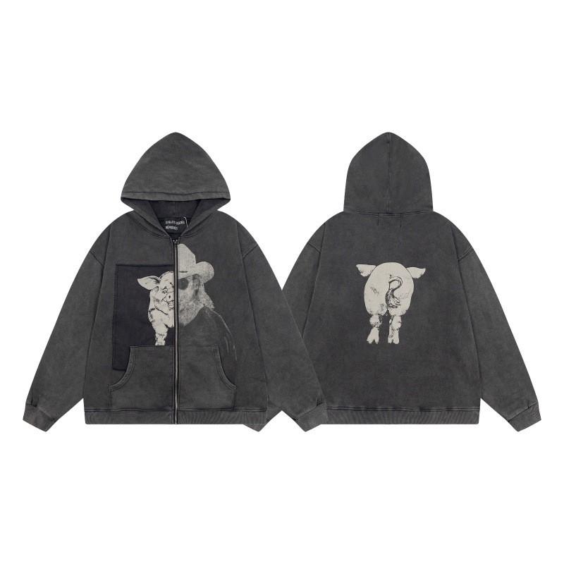 Unisex Oversized Hoodie With Distressed Washed Cotton Print Streetwear Youth Fall