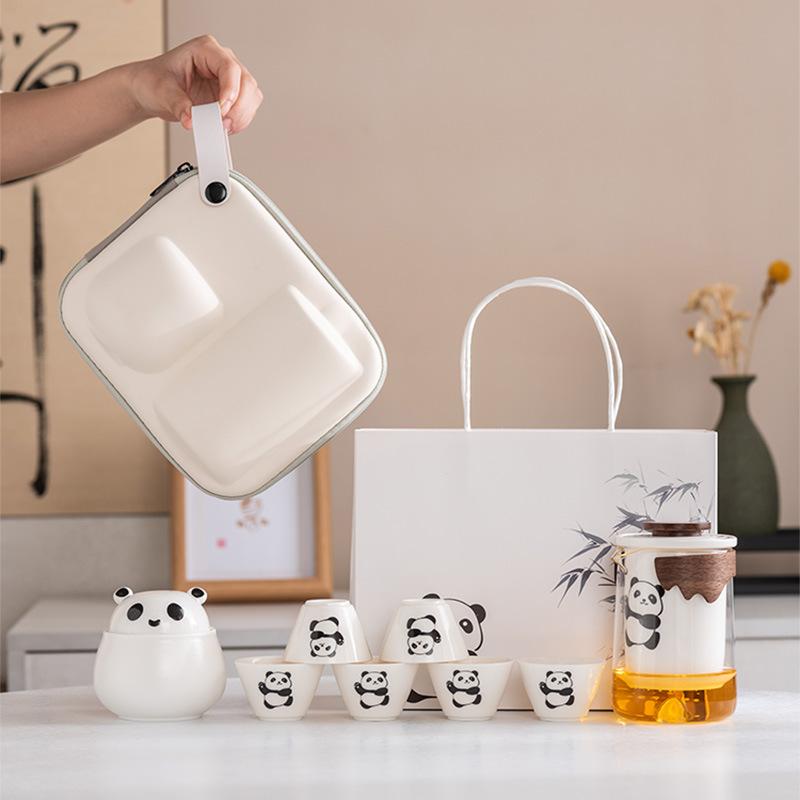 Panda Speckstein Jade Porzellan Reise-Teeset Outdoor Tragbar Sichuan Sehenswürdigkeit Geschäfts-Erinnerungsgeschenk