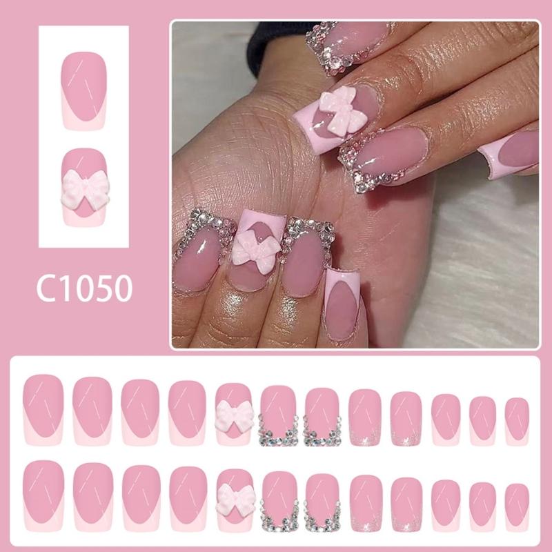 24PCS French Pink Glitters Short False Nail With Bows Design ABS Fake Nail Easy To Apply For Women Party Comfortable Wear