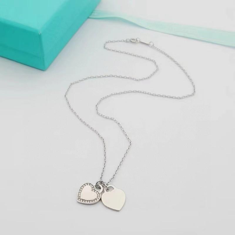Diamond Double Heart T Necklace: Rhinestone Titanium Steel Pendant with Clavicle Chain