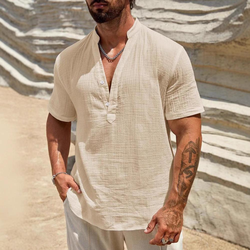 Ľanová pánska ležérna košeľa Henley Trendová a všestranná košeľa na plážovú dovolenku