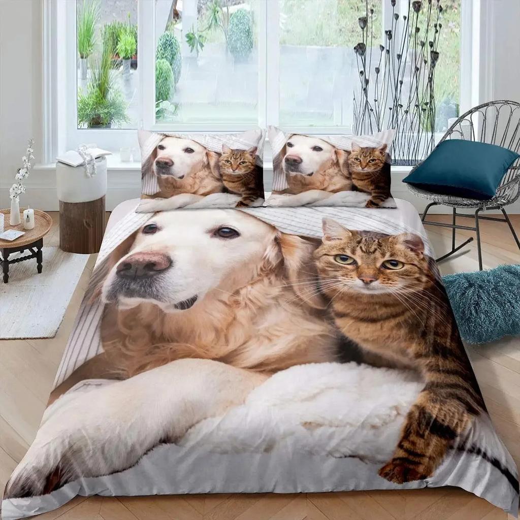 Katzen- und Hunde-Bettbezug-Set Mops Bettwäsche-Set Kawaii Welpe Tier Bettdeckenbezug Valentinstag Liebesherz Hochzeit Steppdeckenbezug