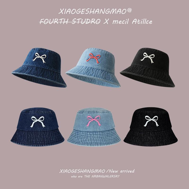 Embroidered bucket hat women travel sunscreen sunshade denim basin hat fashion new sweet bow