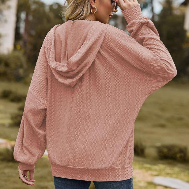 Women's Solid Color V-neck Zipper Loose Long Sweatshirt Jacket