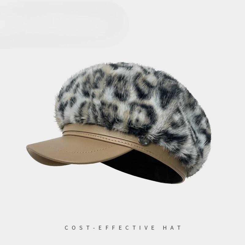 

Теплая и Модная Восьмиугольная Шляпа из Мохера с Леопардовым Принтом Берет из Искусственного Меха Норки Шляпа Маленького Художника, Подчеркивающая Черты Лица One Size