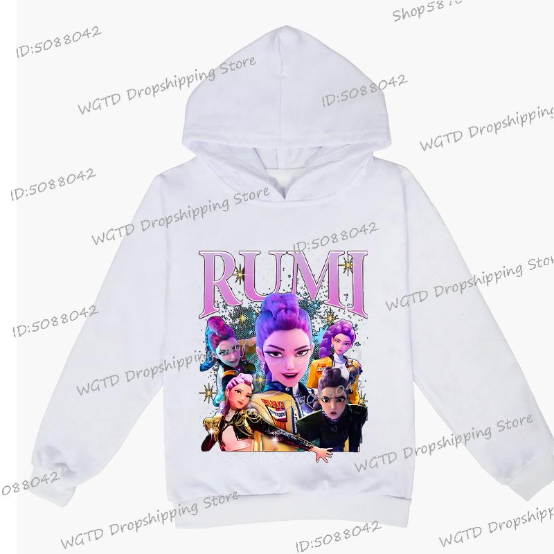KPop Lovci démonů Rumi Potisk Mikiny pro Dospívající Dívky Chlapce Ležérní Mikina s Kapucí a Dlouhým Rukávem Hip Hop Korejská Anime Mikina Y2K Dětská Mikina