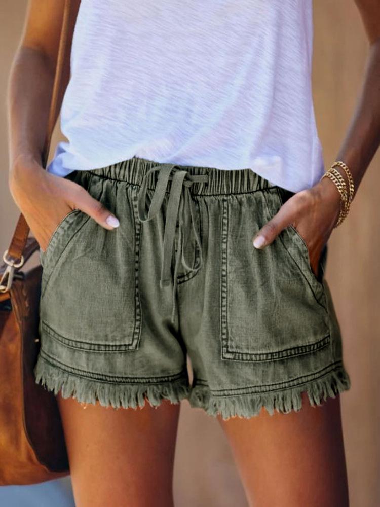 Tassel Elastic Waist Mid-Rise Denim Cotton Women's Shorts