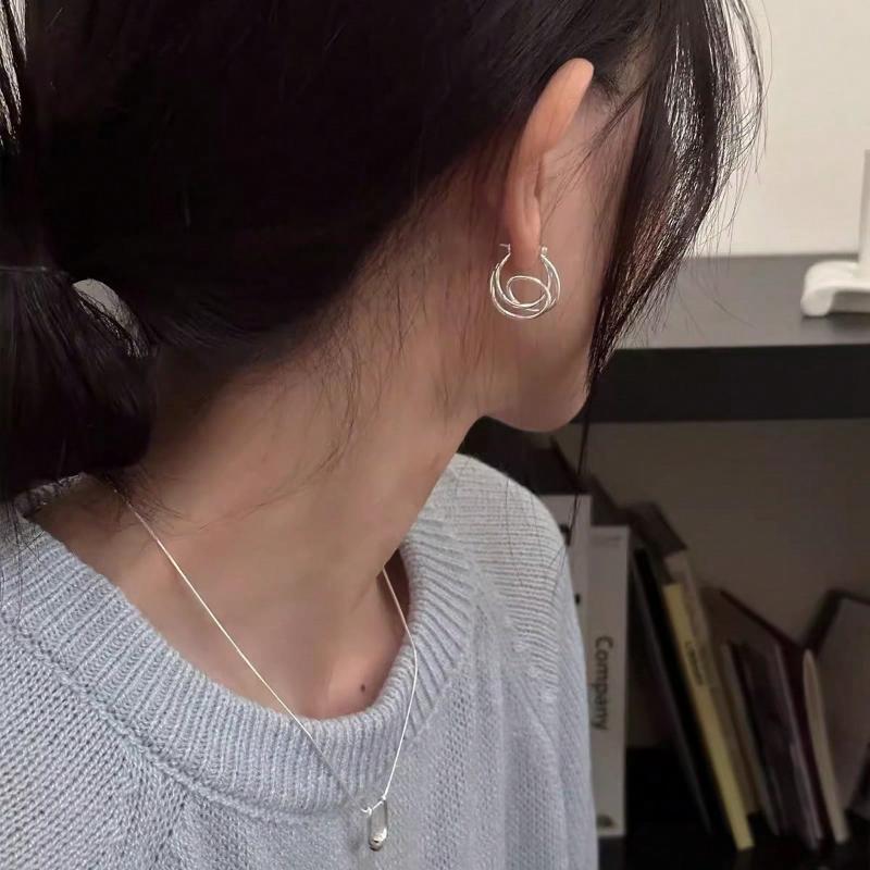 1Pair Sterling Silver Knot Hoop Earrings - Unique Twisted Line Design, Hypoallergenic Korean-Japanese Style, Fashion Jewelry Gifts For Daily Wear