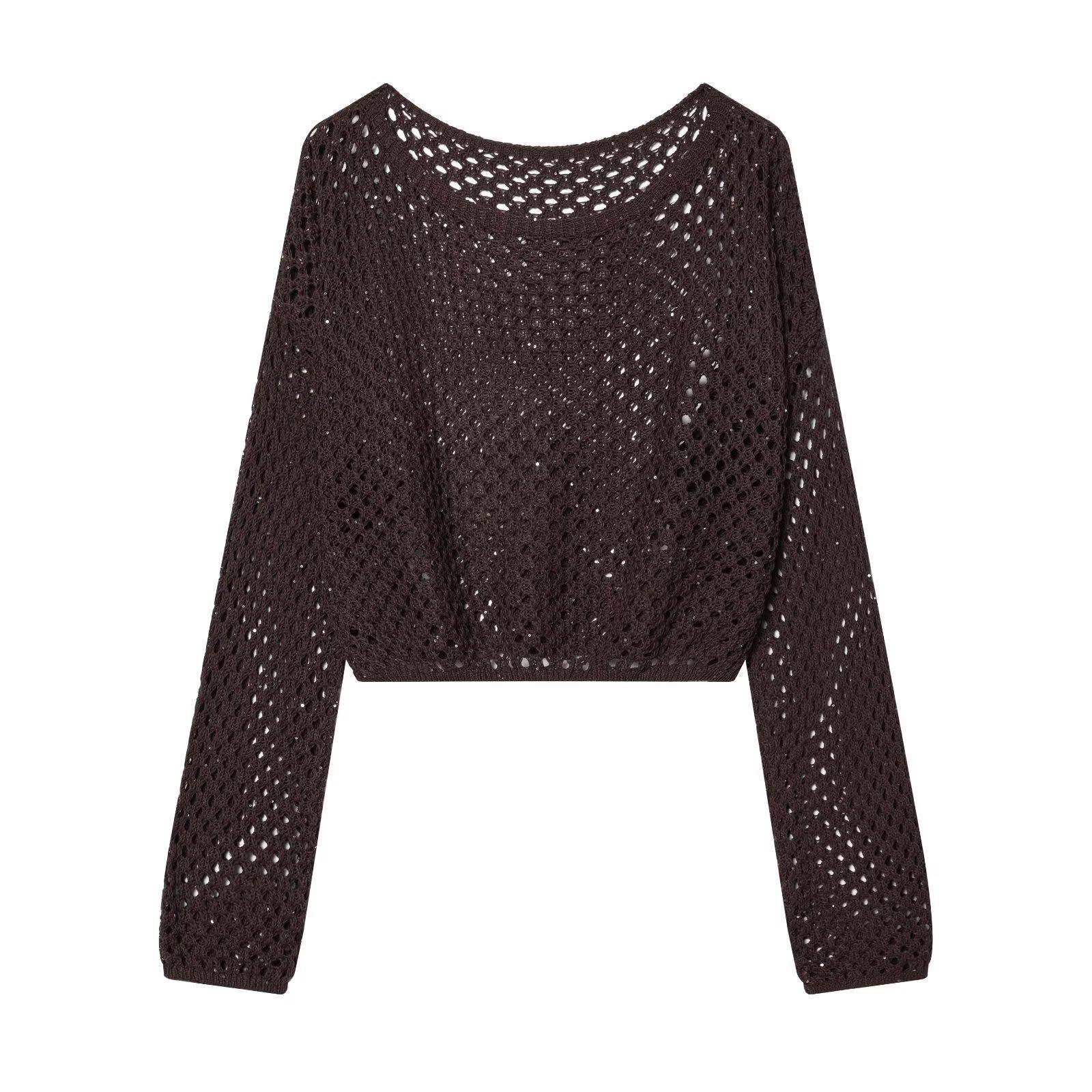 European and American style, new women s fashionable and fashionable casual sequin hollow-out short knit sweater S темно-коричневого