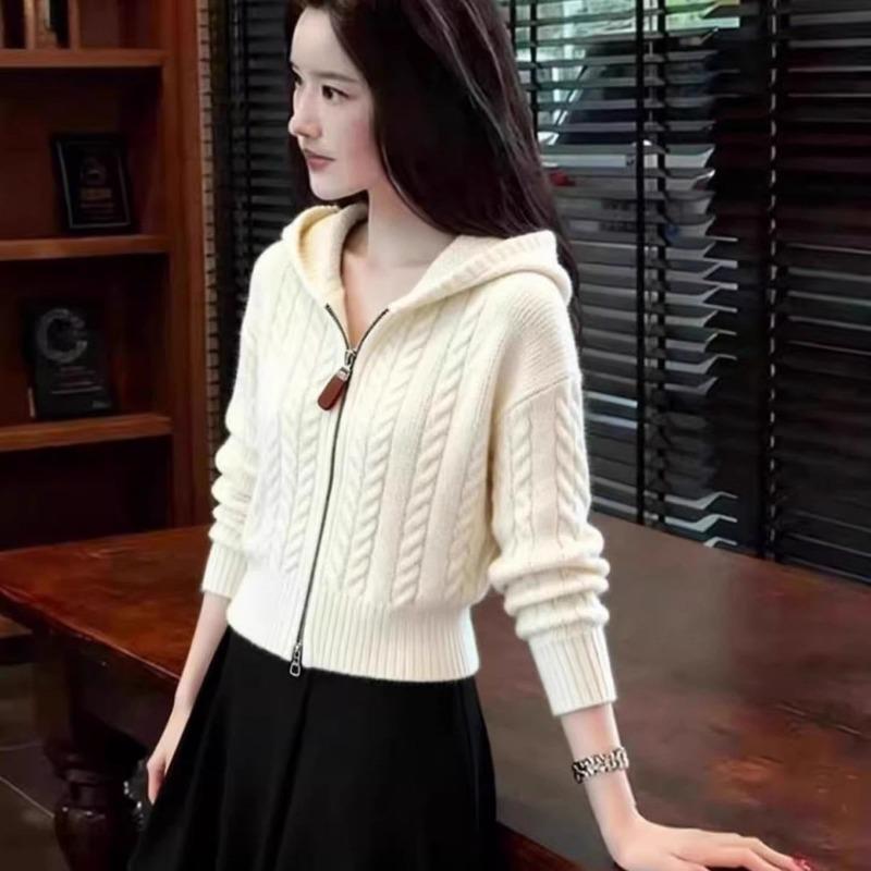 

grey hooded full-zip cable knit cropped sweater for women onesize абрикосовий