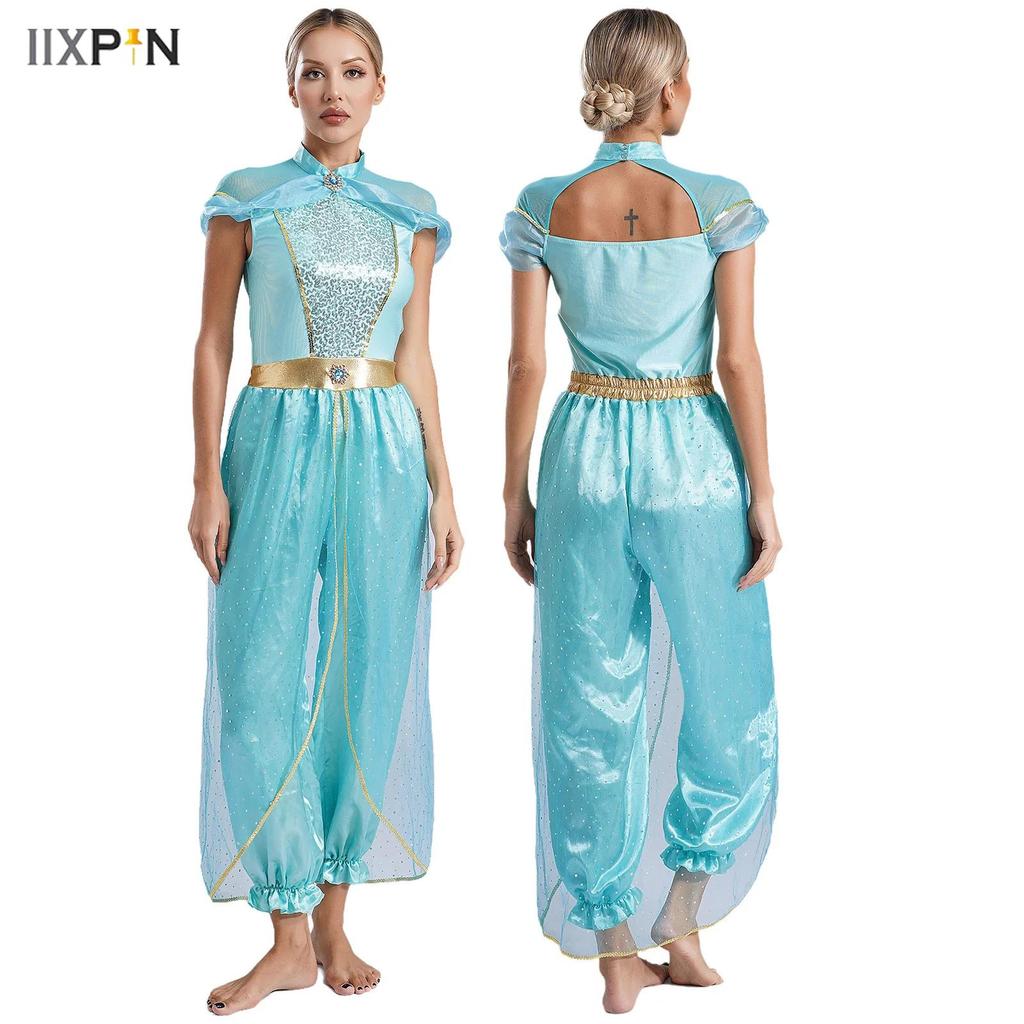 Womens Shiny Sequins Belly Dance Jumpsuit Halloween Arabic Arabian Princess Cosplay Party Costume Tulle Overlay Romper Bodysuit