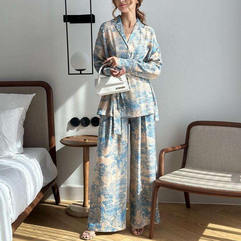 Shirt and Pants Set New Women Fashion French style Print Long sleeve Lace-up Shirts Wide Leg Pants Set