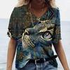 Summer V-neck 3D Cat Printed Top Fashionable Casual Short Sleeved Women's T-shirts