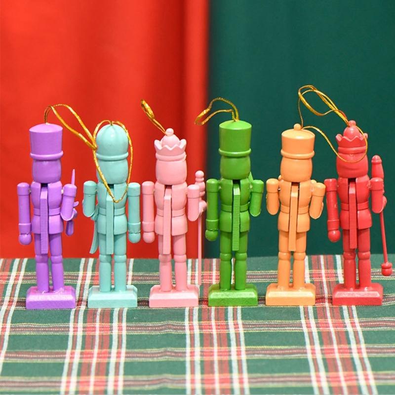 Set of 6 Traditional Colorful Wood Nutcrackers Soldiers Figurine Christmas Tree Hanging Pendants Decoration Festival