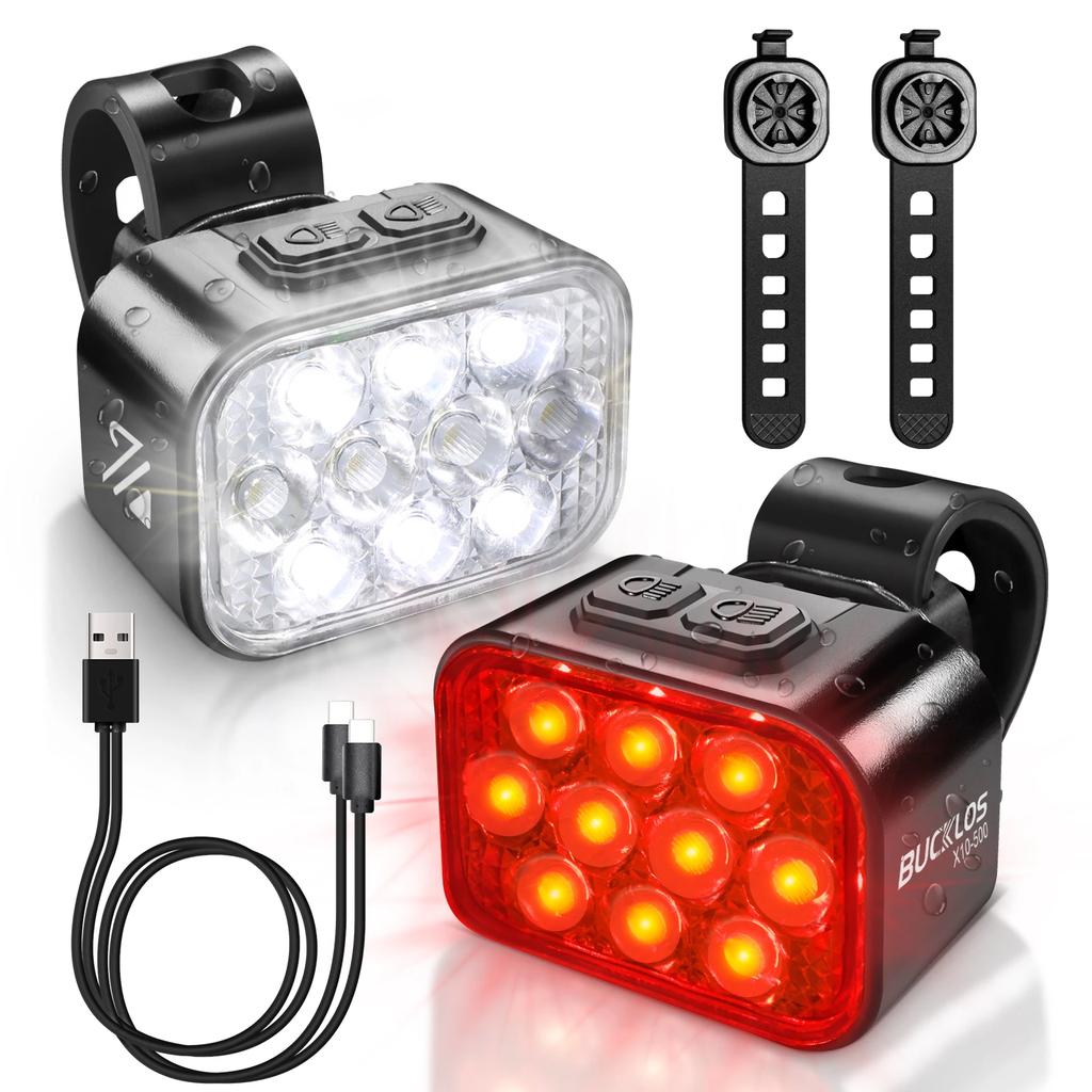 BUCKLOS Bike Lamp Set 1100mAh 350mAh Bicycle Front Tail Light USB Rechargeable Bicycle Headlight Taillight Ultralight Lights