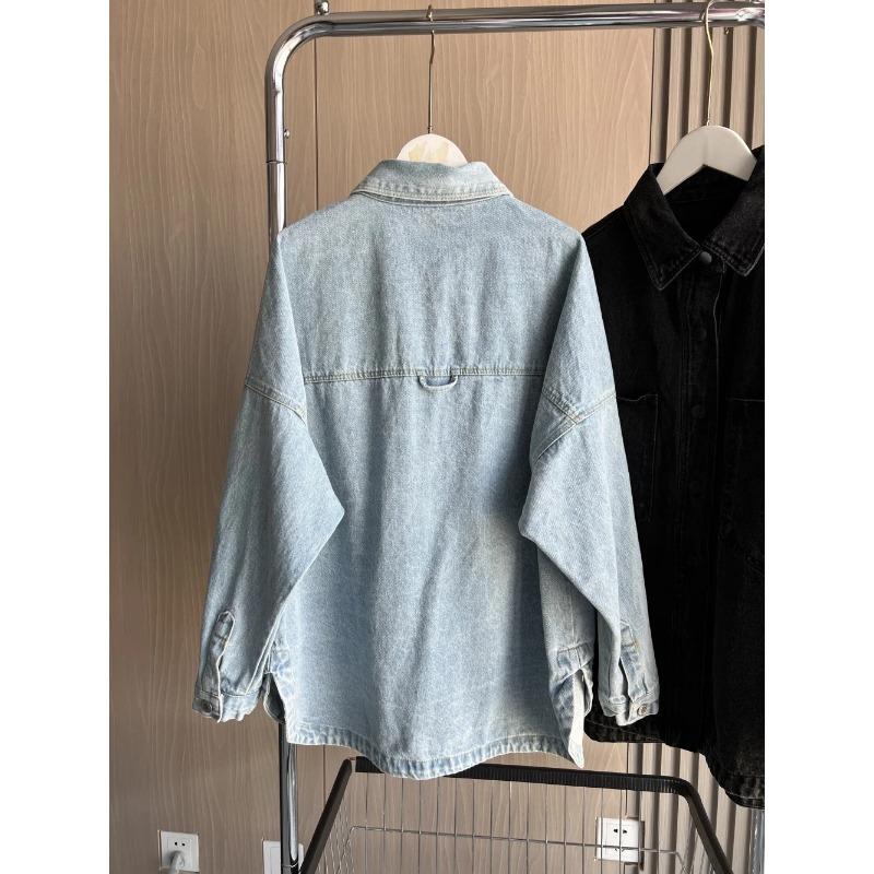 Denim Jacket Spring All-cotton Large Pockets Embellished Loose Version of Women's Shirt-style Denim Jacket