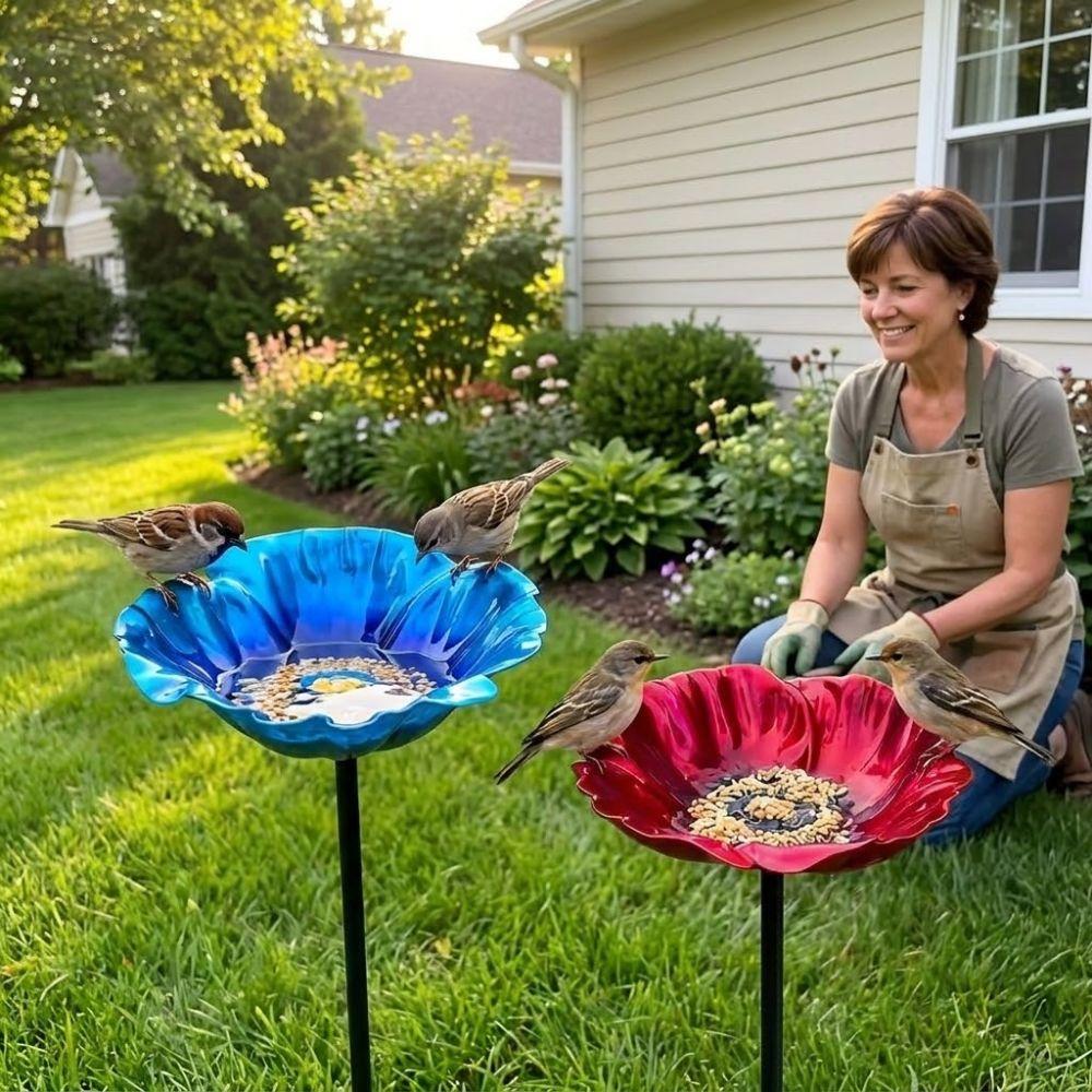 Handmade Metal Garden Bird Feeder Flower Shape Outdoor Bird Bath Bird Bath Stake  Garden Patio