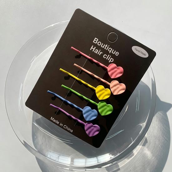 6Pcs Girl Hairpins Baking Paint Process No Peeling Stable Grip Metal Clip Base Hair Pins Star Heart Bowknot Decor Candy Color Hair Clips