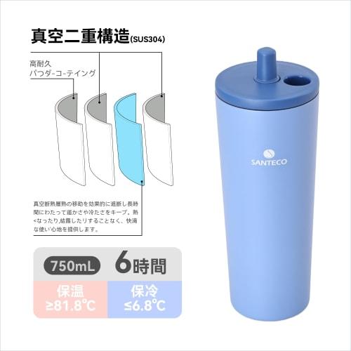 SANTECO Tumbler with Automatic Pop-Up Tube, Stainless Steel, Wide Mouth, Vacuum Insulated, Keeps Drinks Hot or Cold, with Lid, 750ml Capacity, for Gir