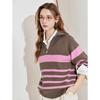 Chuyu Damen Gestreifter Reißverschluss Polokragen Langarm Strickpullover