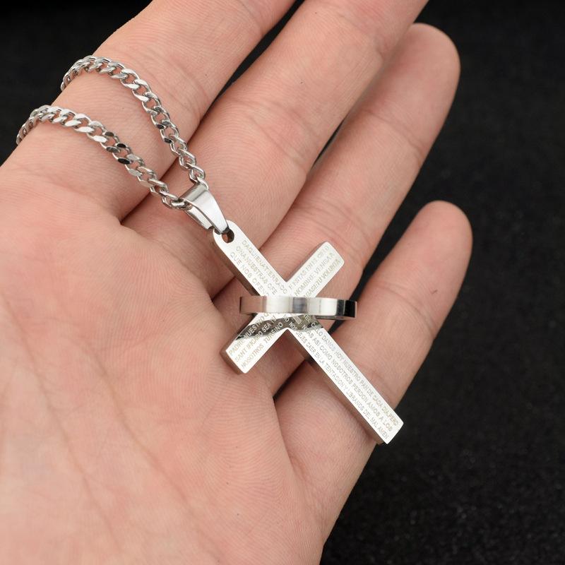 Hip Hop Punk Cross Circle Pendant Long Necklace Unisex Stainless Steel Sweater Chain