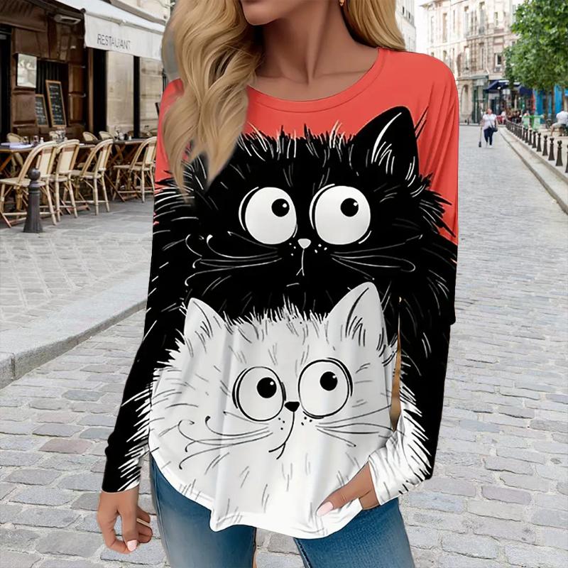 

Топы для женщин 3D черно-белый принт кошки круглый вырез длинный рукав футболка осенний повседневный тонкий пуловер женский длинный рукав топ 8XL красный