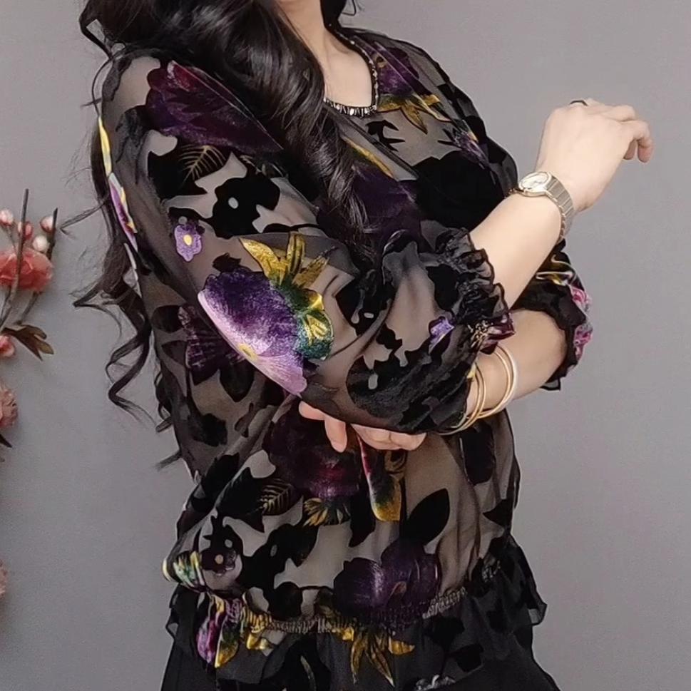 Autumn Women's Printed Velvet Blouse Loose Soft Pullover Long-sleeve Plus Size Velvet Blouse