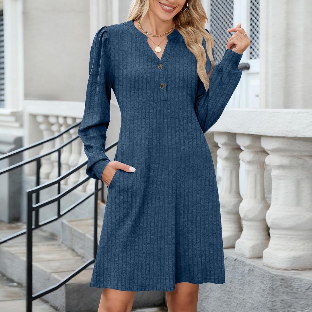 Women's Casual Fashion -color V-neck Brushed Ribbed Button Pocket A-line Long-sleeved Dress
