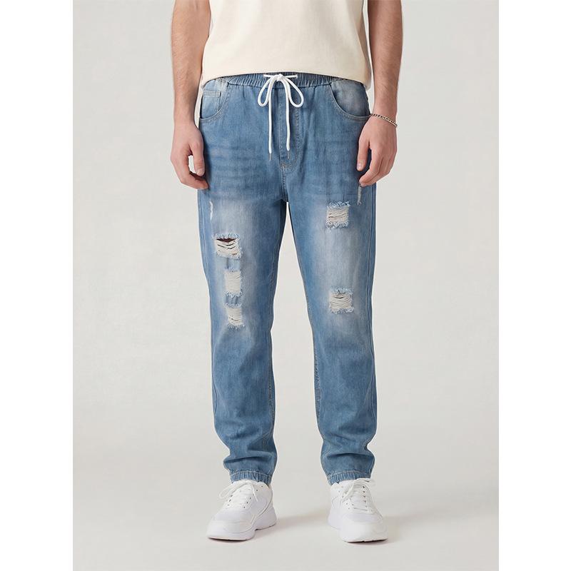 Ripped Washed Men S Jeans Ripped Knee Tie Pants Large Size Denim Pants XS синий