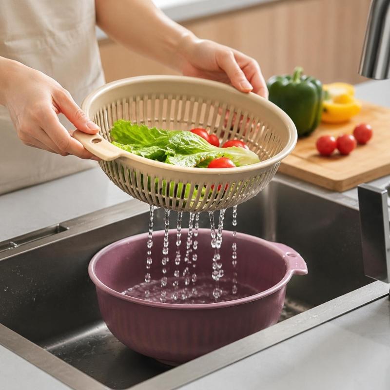 Fruit Washing Colander Bowl Set, Removable Drain Basket and Outer Bowl for Rinsing Produce, Legumes and Rice at Sink