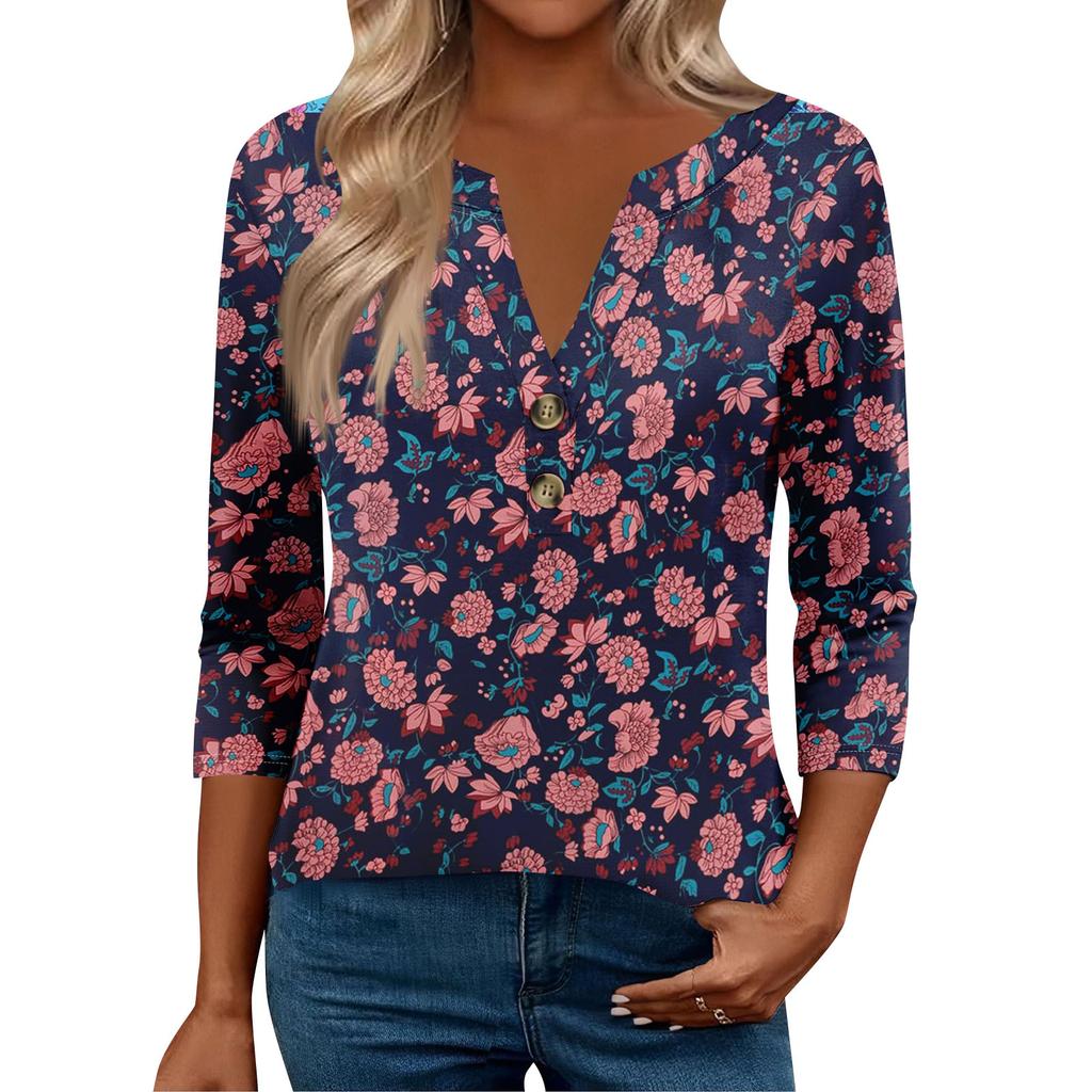 3/4 Sleeve Womens Tops For Women Henely Tops Button V Neck  Loose Fit Dressy Womens Summer Tops