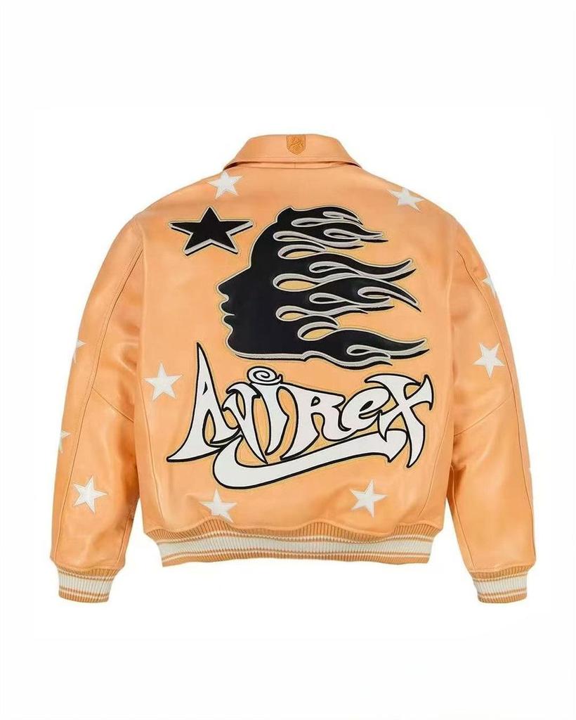 Avirex x Hellstar Men’s Leather Jacket: Trendy American Hip Hop Style Outerwear.