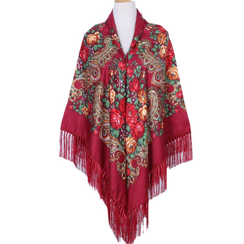 Russian Plus Size Women's Tassel Shawl - Vintage Ethnic Printed Square Scarf
