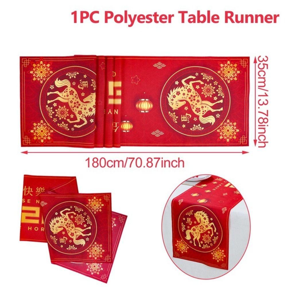 Red Golden Color New Year Table Runner Rectangular Shape Lantern Print Table Runner Horse Design Chinese Style Tablecloth