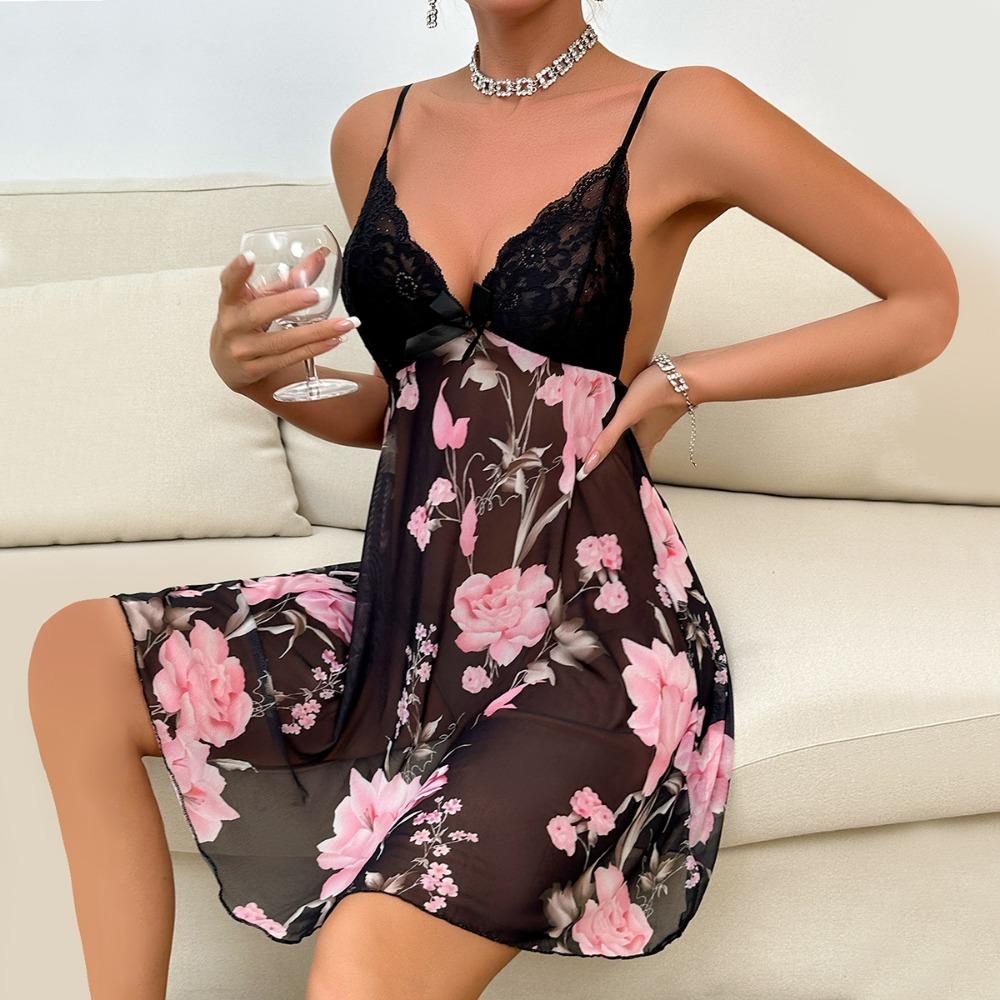 Mesh Suspender Skirt Printed Nightdress Sexy Lace Splicing Private House Temptation Loungewear