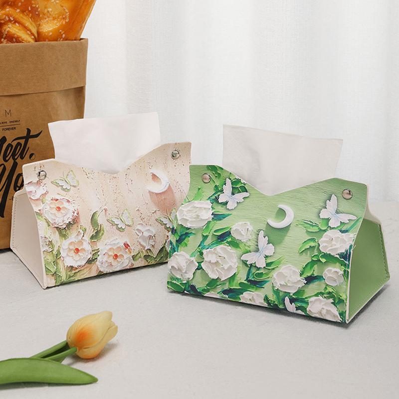 Oil Painting Style Flowers Tissue Box Creative Tabletop Napkin Box For Home Living Room