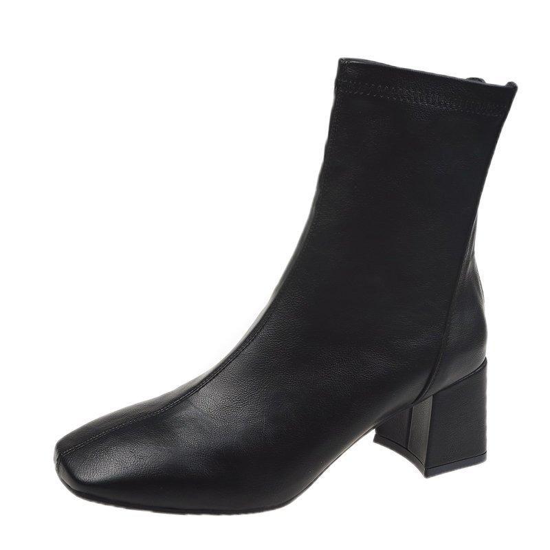 Martin Boots Women's New Women's Boots Winter Square Head Rear Zipper Short Boots Women's Thick Heel Medium Heel Boots Women's 6cm