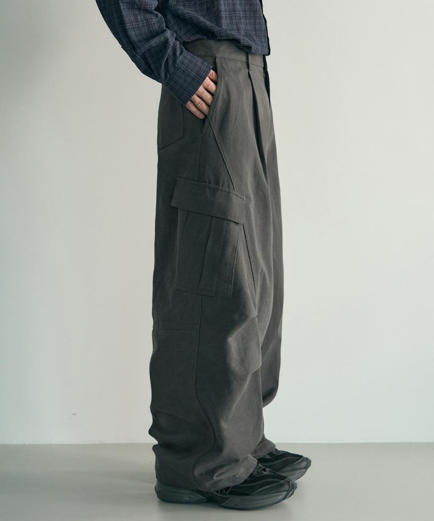 Rotember Panel Pleated Wide Cargo Pants [Charcoal]