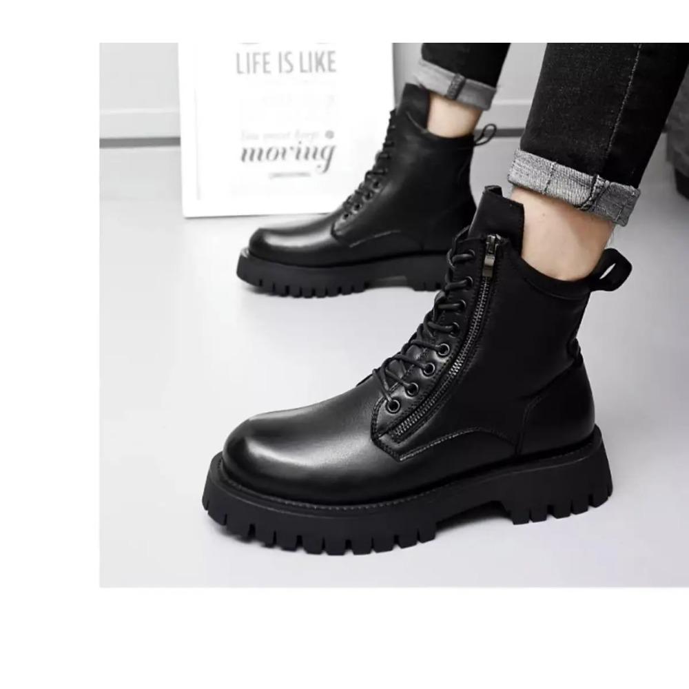 Men's High-top Soft Leather Medium-top Thick-soled Tooling Locomotive Versatile Height-increasing Winter Velvet Cotton Shoes