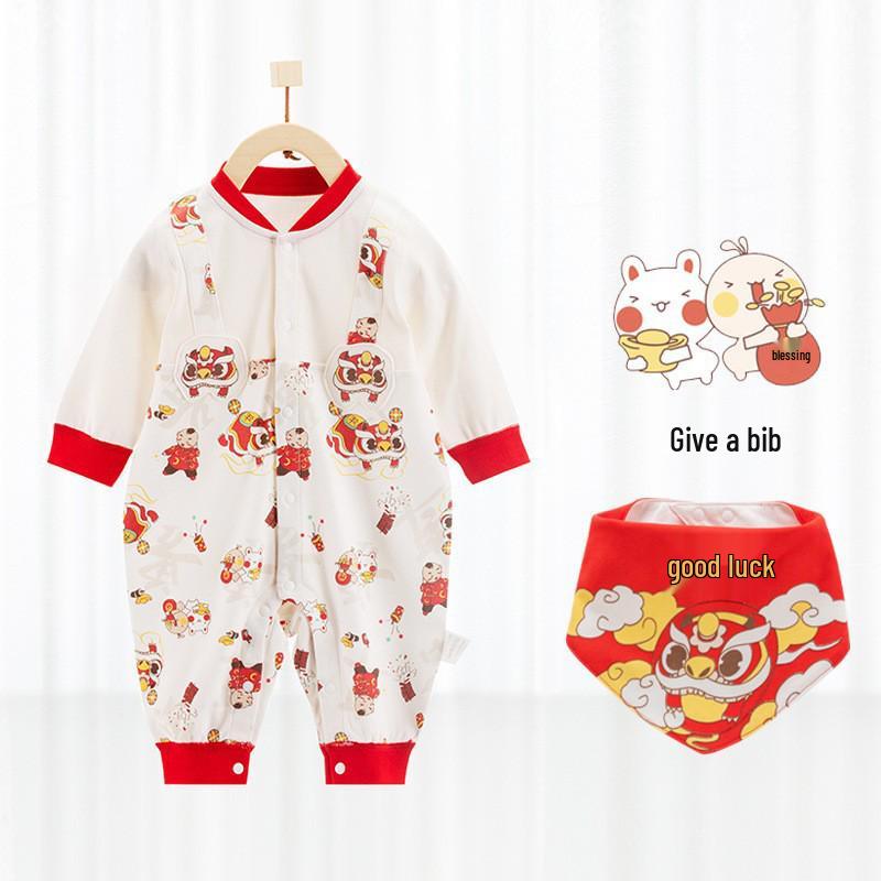 

Chinese Style Red Baby New Year Onesie: Long Sleeve 100-Day Pure Cotton Jumpsuit for Newborns 73 cm