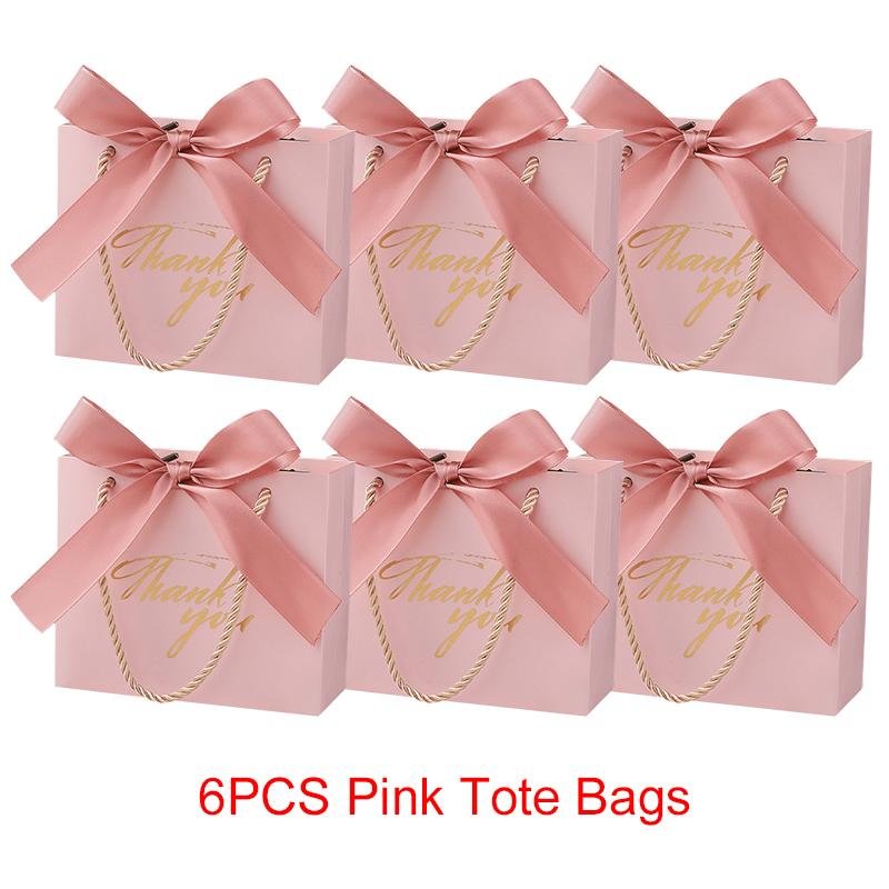 6/12PCS Pack Gift Bag Pink White Black Red Tote Bag Ribbon Bow Decoration Bronzing"Thank You" Text Birthday Wedding Gift Bag ZYF