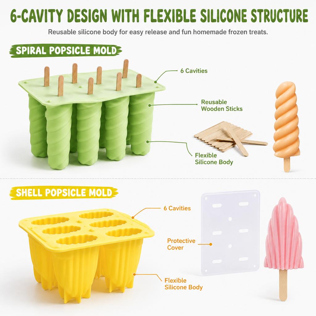 Silikon-Eis am Stiel Formen Einzigartiger Spiral- und Muschel-Eis am Stiel-Hersteller Flexibles Wiederverwendbares Eiscreme-Tablett für Hausgemachte Sommer-Leckereien