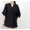 Women Light Beige Cotton Notch Neck Batwing Sleeve Longline Blouse